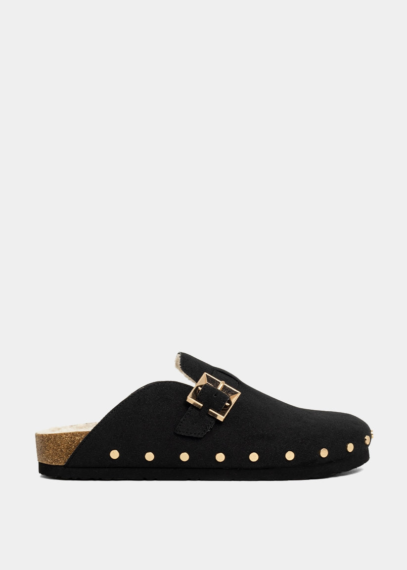 TORI Black Suede Studded Mules with Buckle | SHUSHOP