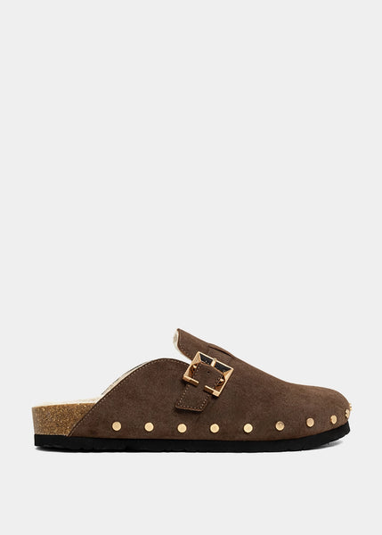 TORI Brown Suede Studded Mules with Buckle | SHUSHOP